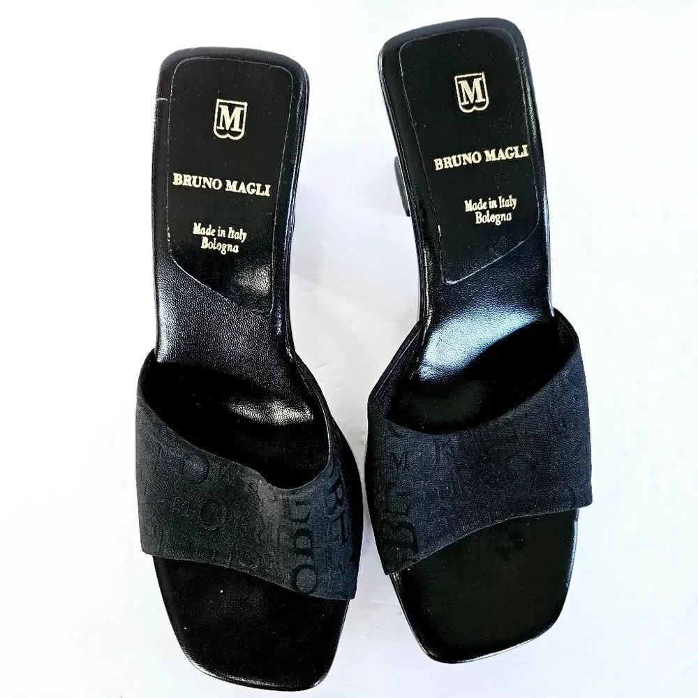 Vintage Bruno Magli Y2K Square Toe Black Monogram Logo Open Toe Sandal Mule 8